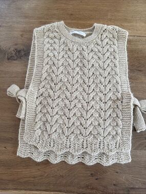 Zara Beige Cable-Knit Side Tie Poncho Vest